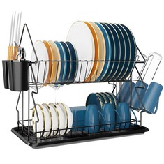 6 X FLOW FIRE 2 TIER KITCHEN DISH DRAINER RACK WITH DRIP TRAY CUTLERY HOLDER PLATE, DISH DRYING RACK WITH DRAINING BOARD, KITCHEN DRAINERS FOR DISHES, DISH DRAINERS FOR KITCHEN COUNTER - TOTAL RRP £1