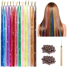 22 X HAIR TINSEL GLITTER EXTENSIONS STRANDS - FOWECELT 12 COLORS 2400 STANDS STRAIGHT HAIR TINSEL EXTENSIONS, HAIR ACCESSORIES DECORATION FOR PARTY SUPPLIES, HAIR TINSEL KIT FOR WOMEN GIRLS - TOTAL R