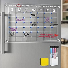 6 X ACRYLIC MAGNETIC DRY ERASE CALENDAR FOR FRIDGE, TOYAJECO 17"X12" CLEAR DRY ERASE BOARD FOR REFRIGERATOR, REUSABLE MONTHLY PLANNER BOARD INCLUDES 4 MARKERS 1 ERASER 1 PEN HOLDER , CALENDAR  - TOTA