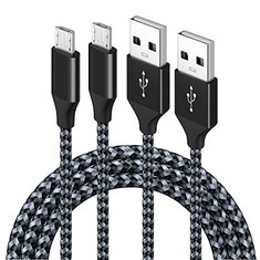 19 X HANKN MICRO USB CHARGER CABLE 2M, , 2 PACK  NYLON BRAIDED SMARTPHONE DEVICES CORD WIRE ANDROID DATA CHARGING CABLES, 6.6FT, BLACK - TOTAL RRP £111: LOCATION - B RACK