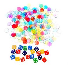 QTY OF ASSORTED ITEMS TO ICLUDE JZK 300X MULTICOLOR PLASTIC TRANSPARENT COUNTERS 199MM + 20X SPOT DICE: LOCATION - D RACK