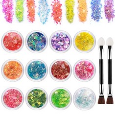 40 X GIANTREE 12 COLORS GLITTER SEQUIN SET WITH 2 DOUBLE-HEAD COTTON BRUSHES, FESTIVAL GLITTER FACE RAINBOW SEQUINS FOR NAILS HAIR EYES LIPS BODY HALLOWEEN MAKEUP GLITTER DIY CRAFTS ,   - TOTAL RRP £