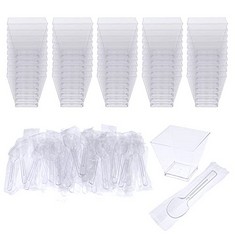 23 X DBOO 50 PACK CLEAR DESSERT CUPS WITH 50 PCS SPOONS 2 OZ 60ML REUSABLE PLASTIC SQUARE MINI CUBE DESSERT CUPS FOR PARTIES THANKSGIVING, CHRISTMAS, NEW YEAR, BIRTHDAY, WEDDING - TOTAL RRP £211: LOC