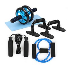 5 X TOMSHOO FITNESS EXERCISE SET, AB WHEEL ROLLER KIT ABDOMINAL PRESS EXERCISE ROLLER WHEELS WITH PUSH-UP BARS JUMP ROPE AND KNEE PAD PORTABLE EQUIPMENT FOR HOME EXERCISE MUSCLE STRENGTH FITNESS (6 I