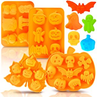 18 X WHALINE 4PCS HALLOWEEN SILICONE MOLDS RECTANGLE LEAF PUMPKIN SHAPE CANDY MOULD TRAY PUMPKIN GHOST BAT SKULL FONDANT CHOCOLATE MOULDS FOR DIY CRAFT CUPCAKE CAKE TOPPER DECOR SOAP JELLY, ORANGE -