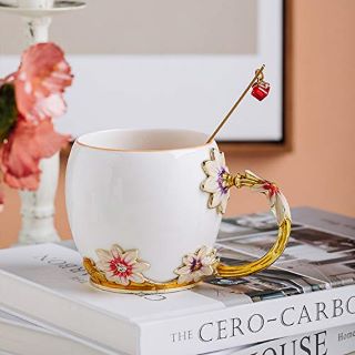 18 X YIUN FLOWER TEA CUP, COFFEE CUP, ENAMEL CRAFT CERAMIC CUP, MUG, ENAMEL CUP WITH SPOON, TRAVEL CUP WITH BEAUTIFUL FLOWER HANDLE, CHRYSANTHEMUM, 320ML. - TOTAL RRP £232: LOCATION - H