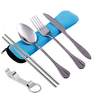 17 X DRNCURN DLUFAIMI CAMPING CUTLERY SET?5 PCS STAINLESS STEEL CREATIVE FLATWARE SET WITH CARRYING STORAGE BAG REUSABLE FOR TRAVELING CAMPING PICNIC WORKING HIKING - TOTAL RRP £98: LOCATION - I