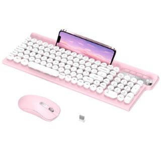 14 X WIRELESS KEYBOARD AND MOUSE,RACEGT TYPEWRITER KEYBOARD WIRELESS MOUSE AND KEYBOARD PINK COMPUTER KEYBOARD RETRO COLOURFUL USB KEYBOARD WITH PHONE STAND FOR PC LAPTOP MAC DESKTOP UK LAYOUT - TOTA