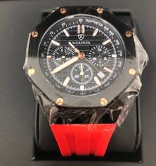RUCKSTUHL MENS CHRONOGRAPH WATCH BLACK DIAL RUBBER RED STRAP: LOCATION - RACK