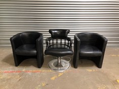 1 X BLACK LEATHER BARBER CHAIR TO INC 2 X BLACK TUB CHAIRS