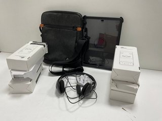 BOX OF ITEMS TO INCLUDE IPAD CASES, BAG, POWER CABLES, HEADSET & OTHERS ASSORTED TECH ITEM. [JPTM112495]