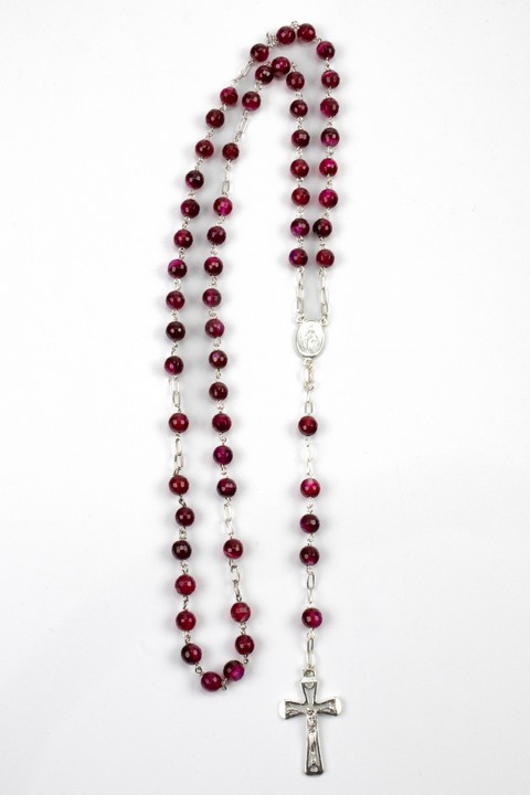 Silver Rosary Bead Necklace with Red Stones, 64cm, 25.4g