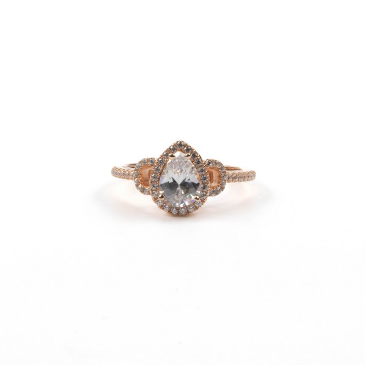 Silver Rose Gold Plated Pear Shaped CZ with Halo Cluster Ring, Size P, 3g