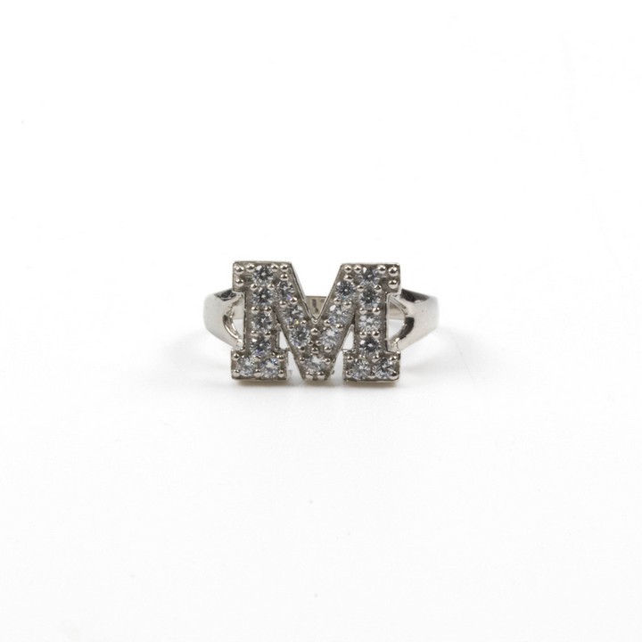 Silver White Stone Pavé Initial M Ring, Size J½, 2.8g