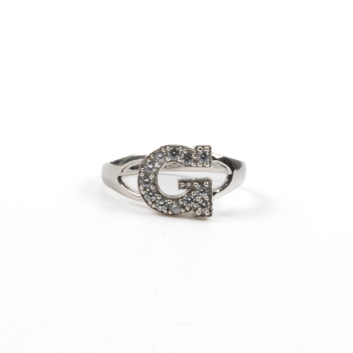 Silver White Stone Pavé Initial G Ring, Size N½, 2.6g