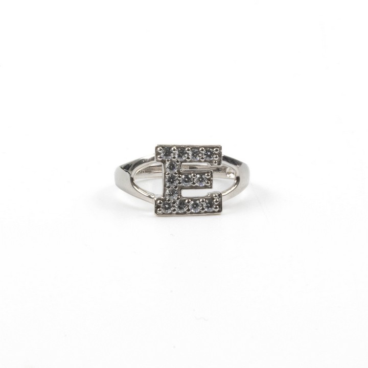 Silver White Stone Pavé Initial E Ring, Size M½, 2.5g