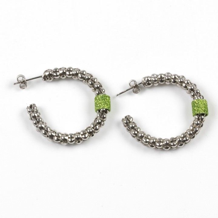 Silver Hoop Earrings with Green Enhancer, 3.3cm, 7.6g