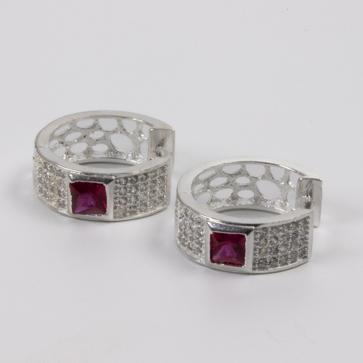 Silver Ruby and Clear Stone Pavé Hoop Earrings, 1.7cm, 4.7g (VAT Only Payable on Buyers Premium)
