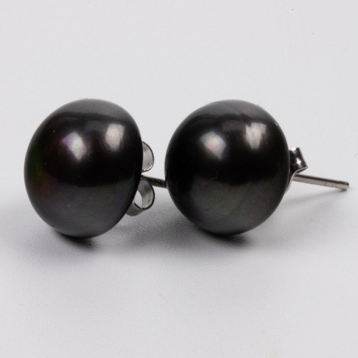 Silver Black Freshwater Pearl AAA Stud Earrings, 11-12mm, 3.5g (VAT Only Payable on Buyers Premium)