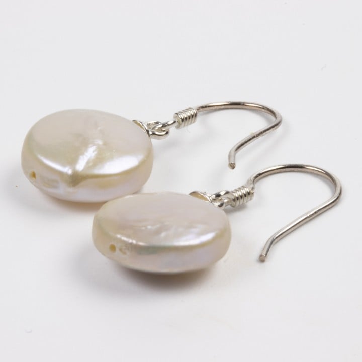 Silver White Freshwater Coin Pearl AAA Drop Earrings, 2.8cm, 3g (VAT Only Payable on Buyers Premium)