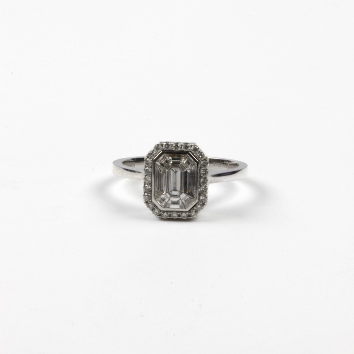 14K White 0.70ct Diamond Cluster Halo Set Ring, Size M½, 3.4g. Colour E, Clarity VS-Si.  Auction Guide: £900-£1,100