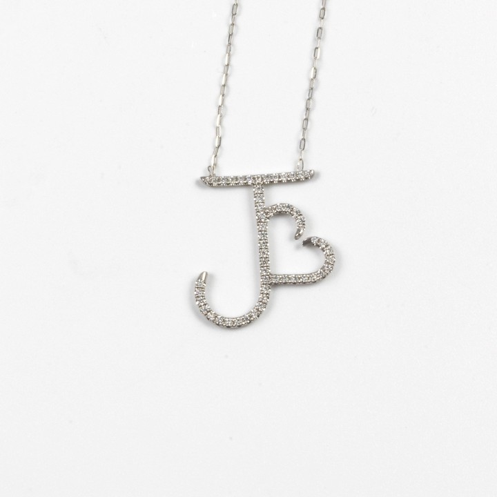 18K White 0.50ct Diamond Initial J Heart Pendant, 2.4x2.5cm, and Chain, 46cm, 2.8g.  Auction Guide: £800-£1,000