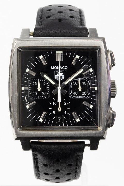 Tag Heuer Monaco Automatic Watch. Ref:CW2111-0. 38mm Square Stainless-Steel Case with Black Dial and Black Leather Strap. Age: Unknown. No box or paperwork. Brief Condition Report: Time can be set, s