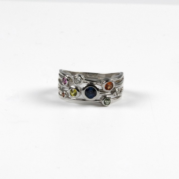 9ct White Gold 0.07ct Diamond and Coloured Stones Five Row Ring, Size N, 4.8g.  Auction Guide: £300-£400