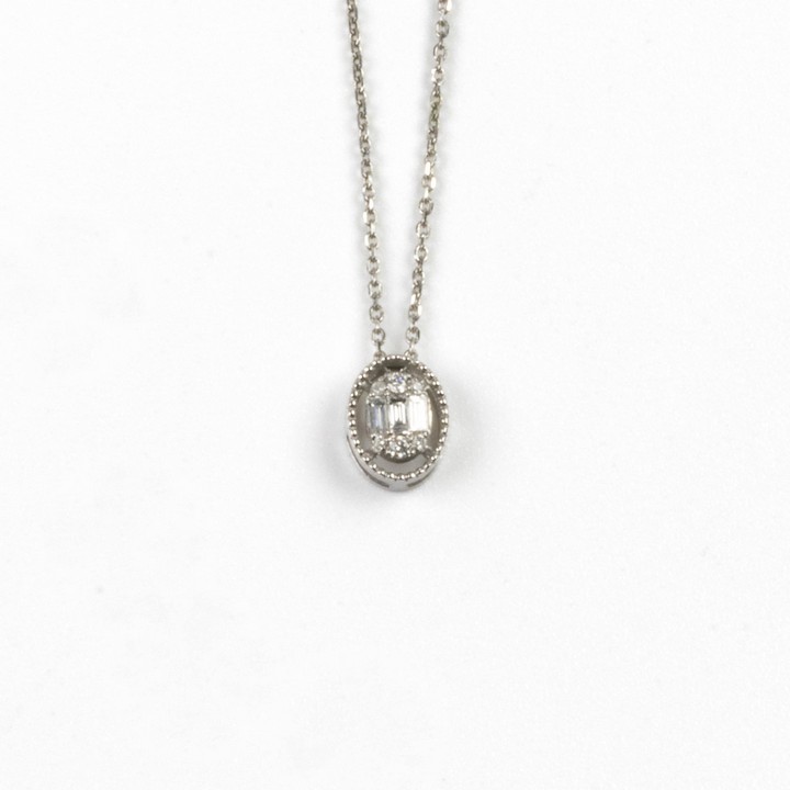 8K White 0.13ct Diamond Pendant and Chain, 42cm, 1.3g.  Auction Guide: £150-£200