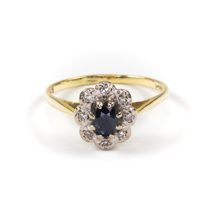 18K Yellow 0.02ct Diamond and Blue Stone Flower Ring, Size: M, 1.9g.