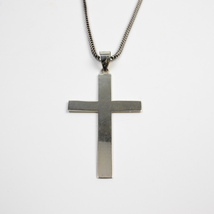 Silver Cross Pendant, 7x3.5cm and Foxtail Chain, 81cm, total weight 22.8g. (VAT Only Payable on Buyers Premium)