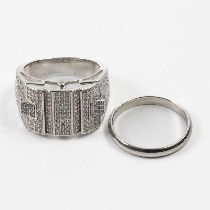 Silver Clear Stone Pavé Ring and Plain Band Ring, Size U½, total weight 11.3g. (VAT Only Payable on Buyers Premium)