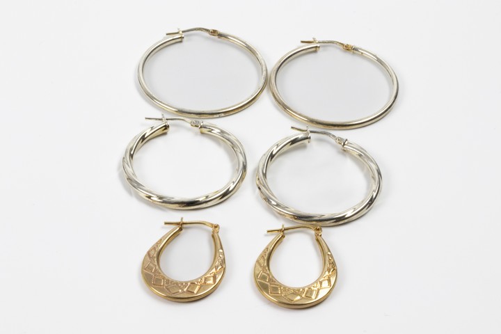 Silver and Gold Plated Silver Trio of Hoop Earrings, 2, 3 and 3.3cm, 8.4g. (VAT Only Payable on Buyers Premium)