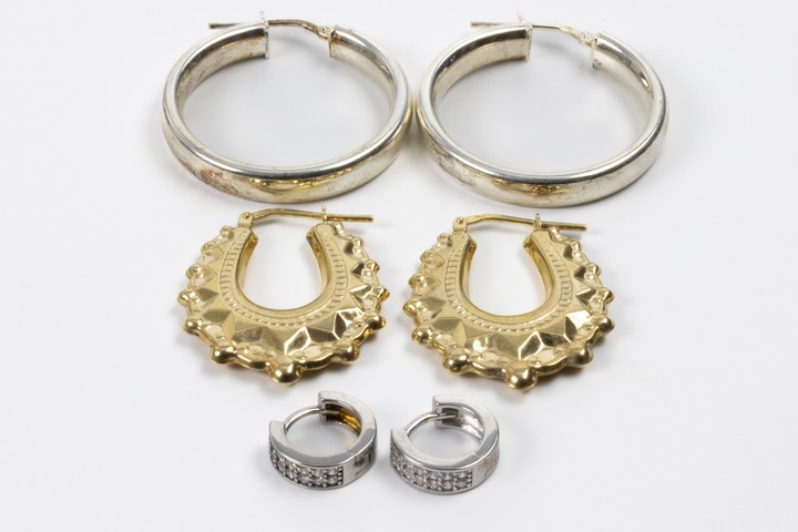 Silver and Gold Plated Silver Trio of Hoop Earrings, 1.2, 2.3 and 3cm, 8g. (VAT Only Payable on Buyers Premium)