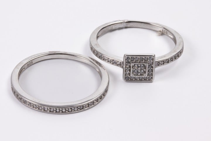 Silver Clear Stone Cluster and Pavé Shoulders with Matching Half Eternity Ring Wedding Set, Size T, 4.3g. (VAT Only Payable on Buyers Premium)