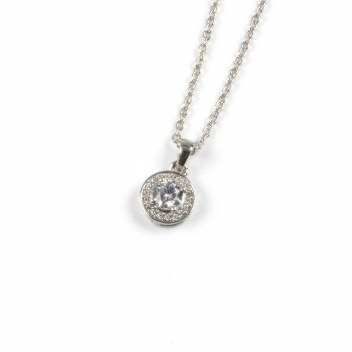 Silver Clear Round Faceted Stone with Clear Stone Halo Pendant, 0.9cm and Chain, 45cm, 3.4g