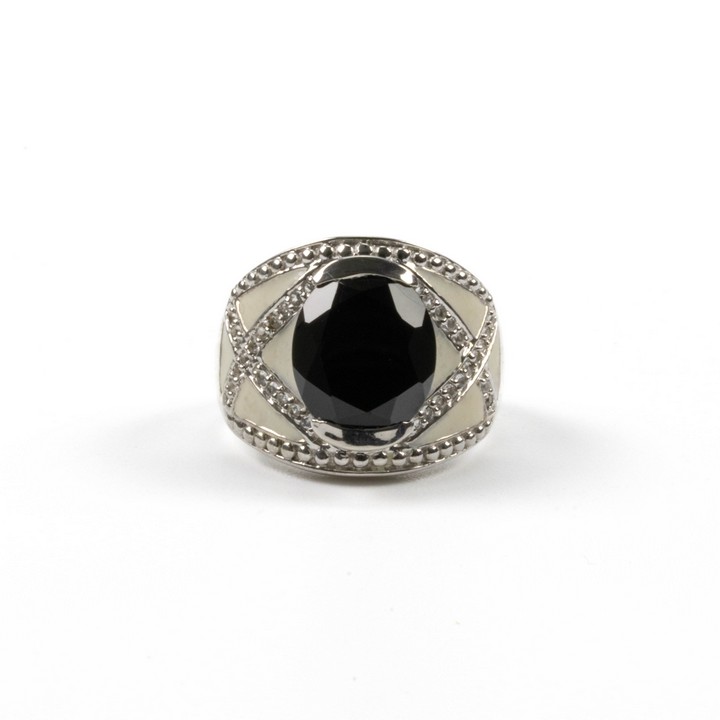 Silver Black Oval Faceted Stone with Pavé on White Enamel Ring, Size L, 7.7g