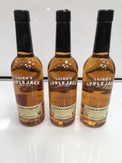 3 X BOTTLES OF LAIRD'S APPLEJACK SPIRIT DRINK 70CL ABV 40% (PLEASE NOTE: 18+YEARS ONLY. STRICTLY NO COURIER REQUESTS. COLLECTIONS MONDAY 1ST APRIL - FRIDAY 5TH APRIL 2024 ONLY)