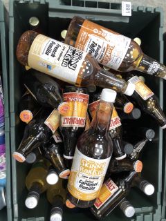 TOTE BOX OF NON-ALCOHOLIC DRINKS AND LIQUIDS TO INCLUDE SUPERMALT, EISBERG WINE, SKINNY BARISTA MIXER AND SNAKE OIL VIRGIN OIL (TOTE NOT INCLUDED)