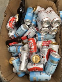BOX OF APPROX 60 X ASSORTED LAGERS AND ALE TO INCLUDE WHITSTABLE BAY, STELL ARTOIS, CAMDEN HELLS, MADRI, BUTCOMBE BREWERY AND CARLSBERG EXPORT (PLEASE NOTE: 18+YEARS ONLY. STRICTLY NO COURIER REQUEST