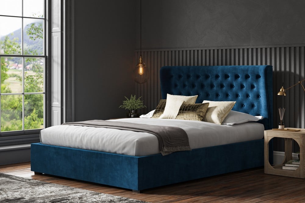 KENS 5FT KING SIZE OTTOMAN BED FRAME BLUE VELVET FABRIC (BOXES 1-3 COMPLETE SET) RRP- £820 (COLLECTION OR OPTIONAL DELIVERY) (KERBSIDE PALLET DELIVERY)