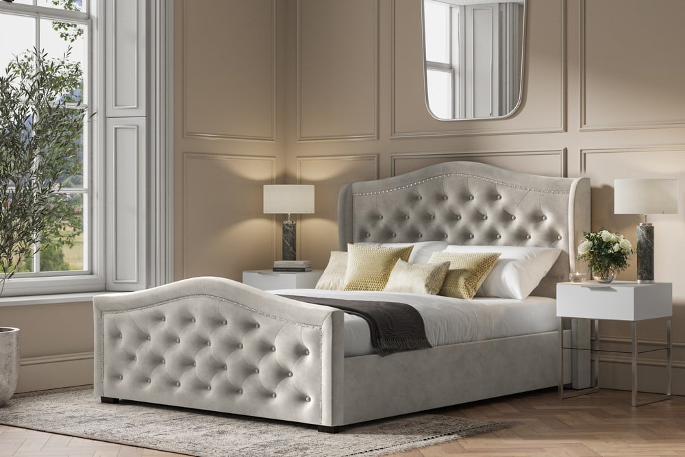 DRAY 6FT SUPER KING SIZE OTTOMAN BED FRAME LIGHT GREY VELVET FABRIC (BOXES 1-4 COMPLETE SET) RRP- £999 (COLLECTION OR OPTIONAL DELIVERY) (KERBSIDE PALLET DELIVERY)