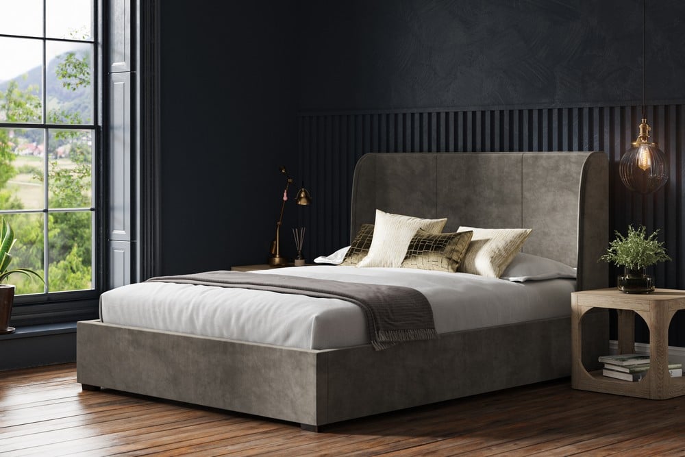 OAKH 6FT SUPER KING SIZE OTTOMAN BED FRAME MID GREY VELVET FABRIC (BOXES 1-4 COMPLETE SET) RRP- £915 (COLLECTION OR OPTIONAL DELIVERY) (KERBSIDE PALLET DELIVERY)