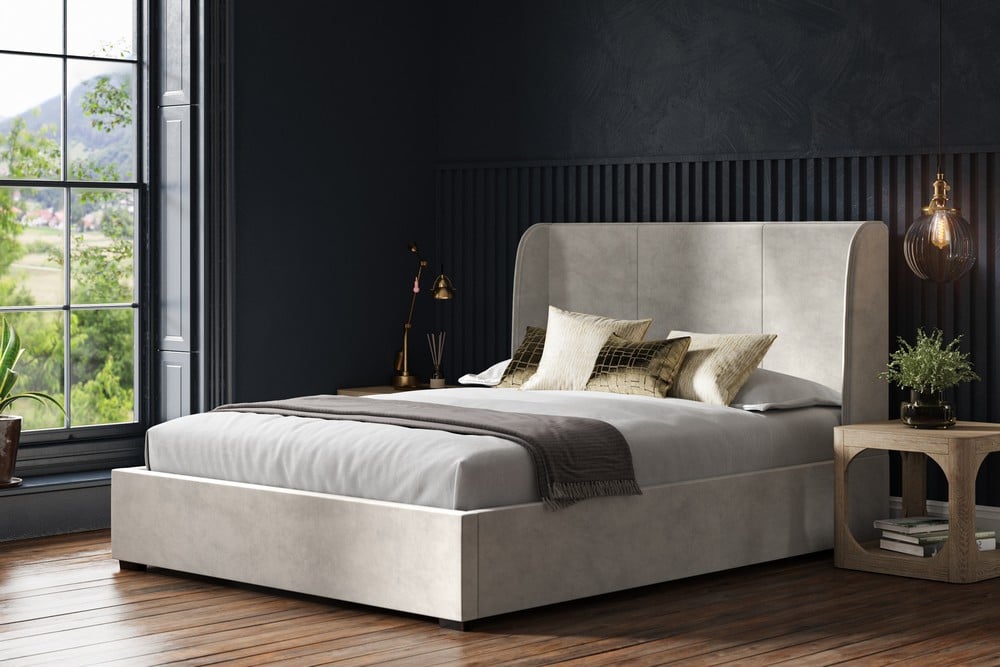 OAKH 4FT6 DOUBLE OTTOMAN BED FRAME LIGHT GREY VELVET FABRIC (BOXES 1-4 COMPLETE SET) RRP- £785 (COLLECTION OR OPTIONAL DELIVERY) (KERBSIDE PALLET DELIVERY)