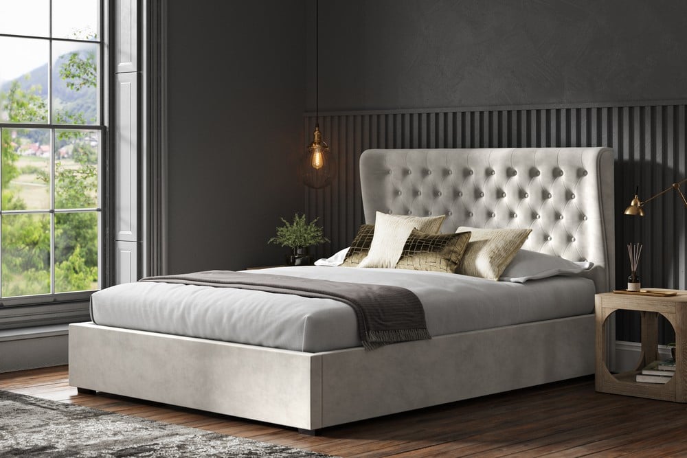 KENS 5FT KING SIZE OTTOMAN BED FRAME LIGHT GREY VELVET FABRIC (BOXES 1-3 COMPLETE SET) RRP- £820 (COLLECTION OR OPTIONAL DELIVERY) (KERBSIDE PALLET DELIVERY)