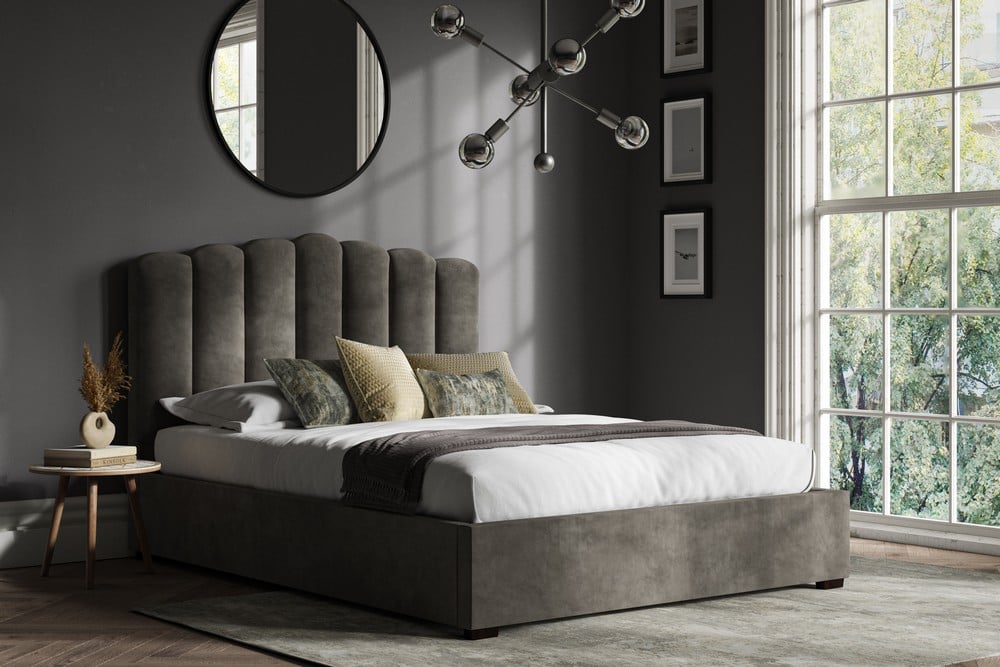 BRAD 6FT SUPER KING SIZE OTTOMAN BED FRAME MID GREY VELVET FABRIC (BOXES 1-3 COMPLETE SET) RRP- £915 (COLLECTION OR OPTIONAL DELIVERY) (KERBSIDE PALLET DELIVERY)