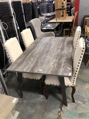 GREY WASHED WOODEN TOP TABLE WITH SILVER LEGS TO INCLUDE 4 X OATMEAL UPHOLSTERED DINING CHAIRS WITH NAIL TRIM (COLLECTION OR OPTIONAL DELIVERY) (KERBSIDE PALLET DELIVERY)