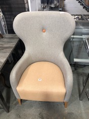 WING HIGH BACK GREY/PEACH FABRIC ARMCHAIR WITH OAK LEGS (COLLECTION OR OPTIONAL DELIVERY)