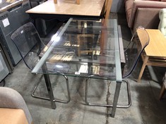 GLASS EXTENDING DINING TABLE TO INCLUDE 2 X L-SHAPED TRANSPARENT CHROME FRAME DINING CHAIRS (COLLECTION OR OPTIONAL DELIVERY) (KERBSIDE PALLET DELIVERY)