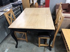 VINTAGE EXTENDABLE WOOD TOP DINING TABLE WITH BLACK FRENCH COUNTRY LEGS TO INCLUDE 4 X SOLID OAK DINING CHAIRS WITH BROWN FAUX LEATHER SEATS (COLLECTION OR OPTIONAL DELIVERY) (KERBSIDE PALLET DELIVER